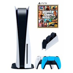 PS5 (ПС5) Игровая приставка Sony PlayStation 5 ( 3-я ревизия) + 2-й геймпад (голубой) + зарядное+ игра GTA5