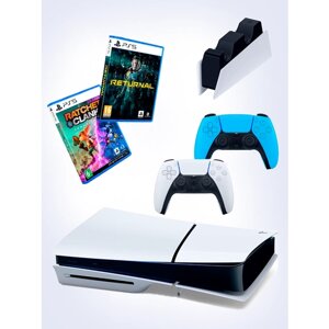 PS5 (ПС5) Игровая приставка Sony PlayStation 5 Slim disc + 2-й геймпад (голубой) + зарядное + игра Ratchet Clank+ игра Returnal