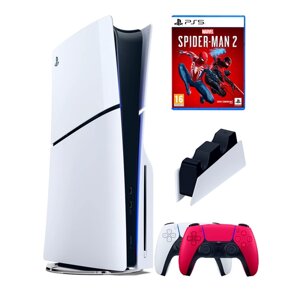 PS5 (ПС5) Игровая приставка Sony PlayStation 5 Slim disc + 2-й геймпад (красный) + зарядное + игра Spider-Man2