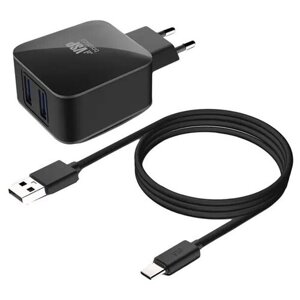 Сетевое зарядное устройство BoraSCO 20652, 2 USB 2,1A + Дата-кабель Type-C, 1м, черный