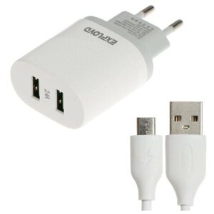 Сетевое зарядное устройство Exployd EX-Z-1437, 2 USB, 2.4 А, кабель microUSB, белое