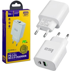 Сетевое зарядное устройство ISA 18W USB-C / Power Delivery 3.0 + USB A QuickCharge 3.0 / 2 в 1 / Блок питания для телефона Тайп Си