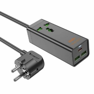 Сетевой зарядное устройство HOCO AC9A, 1 Универсальная розетка + PD30W + 2*USB QC18W, с кабелем 1.5м, 2500W, Черный