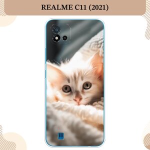 Силиконовый чехол "Белый шкодливый котенок" на Realme C11 (2021) / Реалми С11 (2021)
