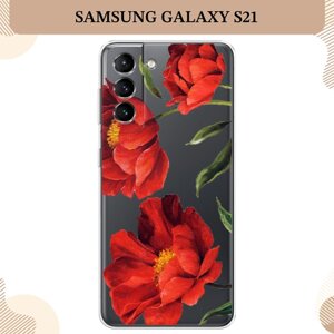 Силиконовый чехол "Красные маки" на Samsung Galaxy S21 / Самсунг Галакси S21, прозрачный