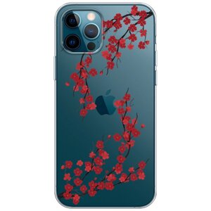 Силиконовый чехол на Apple iPhone 12 / Айфон 12 "Красная сакура", прозрачный