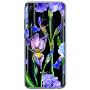 Силиконовый чехол на Huawei P Smart Plus 2019 / Хуавей П Смарт 2019 "Синие ирисы", прозрачный