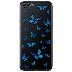 Силиконовый чехол на Huawei Y9 2018 / Хуавей У9 2018 "Синие бабочки", прозрачный