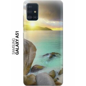 Силиконовый чехол на Samsung Galaxy A51, Самсунг А51 с принтом "Закат на каменистом берегу"