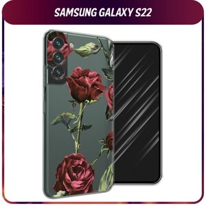Силиконовый чехол на Samsung Galaxy S22 / Самсунг Галакси S22 "Бордовые розы фон", прозрачный
