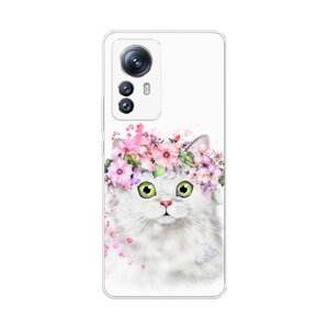 Силиконовый чехол на Xiaomi 12S Pro / Сяоми 12S Про "Белая кошка с цветами"