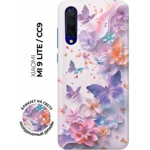 Силиконовый чехол на Xiaomi Mi 9 Lite / CC9 с принтом "Фиолетовые бабочки и бумажные цветы"