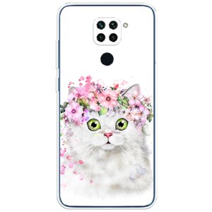 Силиконовый чехол на Xiaomi Redmi 10X 4G / Сяоми Редми 10X 4G "Белая кошка с цветами"