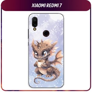 Силиконовый чехол на Xiaomi Redmi 7 / Сяоми Редми 7 "Дракончик с кружкой тёмный"