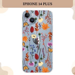 Силиконовый чехол "Orange Purple flowers" на Apple iPhone 14 Plus / Айфон 14 Плюс, прозрачный