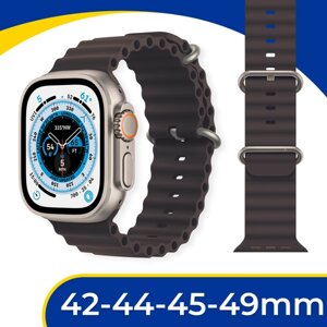Силиконовый ремешок Ocean Band на смарт часы Apple Watch 1-9, SE, Ultra 42-44-45-49 мм / Браслет для Эпл Вотч 1-9, СЕ, Ультра / Древесный уголь