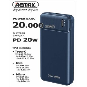 Внешний аккумулятор Power Bank REMAX 20.000 mAh 20W с технологией быстрой зарядки Power Delivery