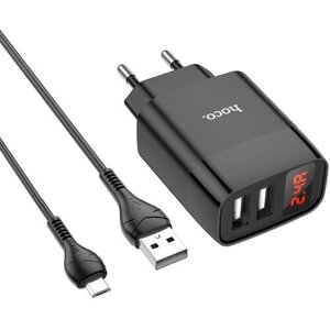 Зарядное устройство HOCO C86A Illustrious 2/USB + Кабель USB-Micro, 2.4A, черный, с дисплеем