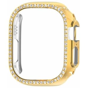 Защитный пластиковый чехол для смарт часов со стеклом Apple Watch Series Ultra 49 мм для экрана/дисплея и корпуса противоударный со стразами золотой