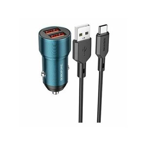 Автомобильное зарядное устройство (АЗУ) Borofone BZ19B QC 3.0 (USB) + кабель Type-C, 3 A, синий