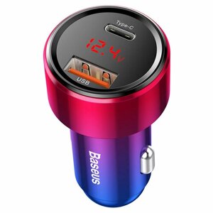 Автомобильное зарядное устройство BASEUS Magic C20C, USB+USB-C, 5A, 45 Вт, красный, дисплей