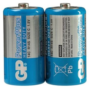 Батарейка солевая GP PowerPlus Heavy Duty, C, R14-2S, 1.5В, спайка, 2 шт. В упаковке шт: 1