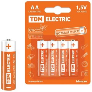 Батарейка TDM Electric, АА (LR06, LR6), Alkaline BP-4, алкалиновая, 1.5 В, блистер, 4 шт