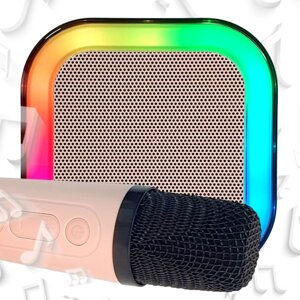 Беспроводной микрофон для караоке с портативной колонкой и RGB подсветкой , персиково-розовая