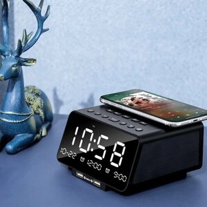 Часы-будильник MyPads Haojan c FM-радио, Bluetooth, воспроизведение с флешки, AUX, с беспроводной зарядкой для iPhone 14/13/Pro/mini/Pro Max/Plus.