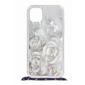 Чехол для Apple iPhone 11 Kruche Print MagSafe Magrope White roses, пластиковая накладка со шнурком и рисунком, противоударный силиконовый бампер