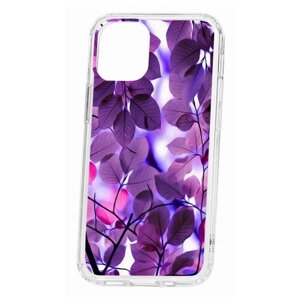 Чехол для iPhone 12 mini Kruche Print Purple leaves, противоударная пластиковая накладка с рисунком, защитный силиконовый бампер с защитой камеры