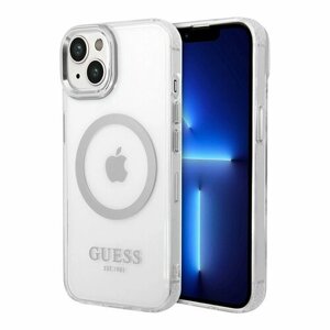Чехол Guess для iPhone 14, Metal outline прозрачный/серебристый (MagSafe)