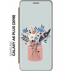 Чехол-книжка Букет на голубом на Samsung Galaxy A6+2018) / Самсунг А6 Плюс 2018 золотой