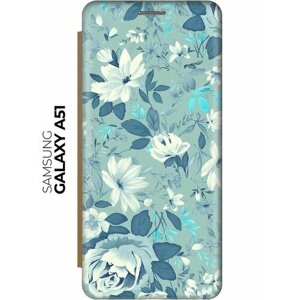 Чехол-книжка Цветы на голубом на Samsung Galaxy A51 / Самсунг А51 золотой