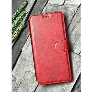 Чехол книжка для Xiaomi Poco X6 Pro кожаный с магнитной застежкой / Поко Х6 Про с хлястиком / flip чехол с функцией подставки, красный