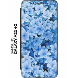 Чехол-книжка Голубые цветочки на Samsung Galaxy A22 / M32 / M22 / Самсунг А22 / М32 / М22 черный