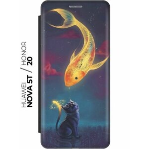 Чехол-книжка Кот и рыбка на Honor 20 / Huawei Nova 5T / Хонор 20 / Хуавей Нова 5Т черный