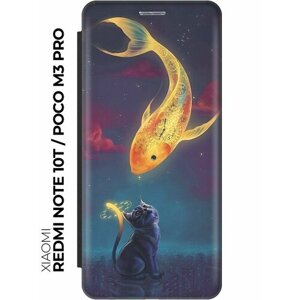Чехол-книжка Кот и рыбка на Xiaomi Redmi Note 10T / Poco M3 Pro / Сяоми Поко М3 Про / Сяоми Редми Ноут 10Т черный