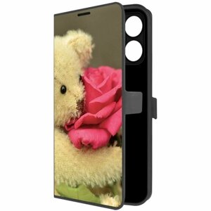Чехол-книжка Krutoff Eco Book для Realme Note 50 Медвежонок с розой (черный)