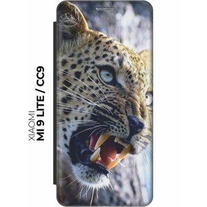 Чехол-книжка Лютый леопард на Xiaomi Mi 9 Lite / CC9 / Сяоми Ми 9 Лайт / Ми СС9 черный