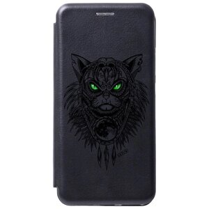 Чехол-книжка на Apple iPhone 12 / 12 Pro / Эпл Айфон 12 / 12 Про с рисунком "Shaman Cat" черный