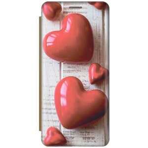 Чехол-книжка на Apple iPhone 14 / Эпл Айфон 14 с рисунком "Сердечки на белом столе" золотой