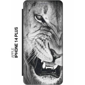 Чехол-книжка на Apple iPhone 14 Plus / Эпл Айфон 14 Плюс с рисунком "Скалящийся лев" черный
