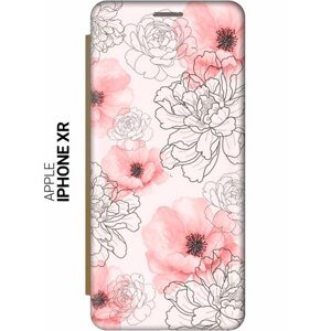 Чехол-книжка на Apple iPhone XR / Эпл Айфон Икс Эр с рисунком "Нежно-розовые цветы" золотистый
