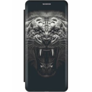 Чехол-книжка на Apple iPhone XS Max / Эпл Айфон Икс Эс Макс с рисунком "Оскал тигра" черный
