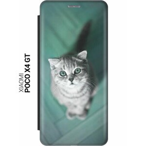 Чехол-книжка на Poco X4 GT / Xiaomi Redmi Note 11T Pro / 11T Pro+ с рисунком "Котик на зеленом полу" черный
