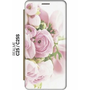 Чехол-книжка на Realme C25, C25S, Рилми С25, С25с с 3D принтом "Розовые розы" золотой