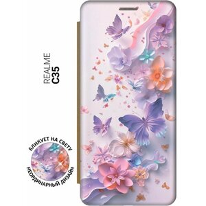 Чехол-книжка на Realme C35 с принтом "Фиолетовые бабочки и бумажные цветы" золотой