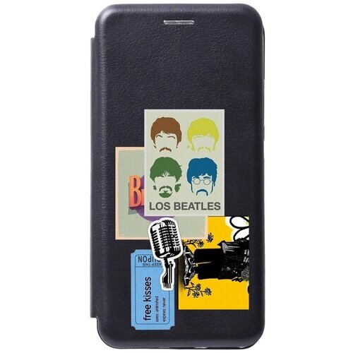 Чехол-книжка на Samsung Galaxy A01, Самсунг А01 с 3D принтом "Beatles Stickers" черный