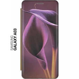 Чехол-книжка на Samsung Galaxy A03 / Самсунг А03 c принтом "Сиреневые каллы" золотистый